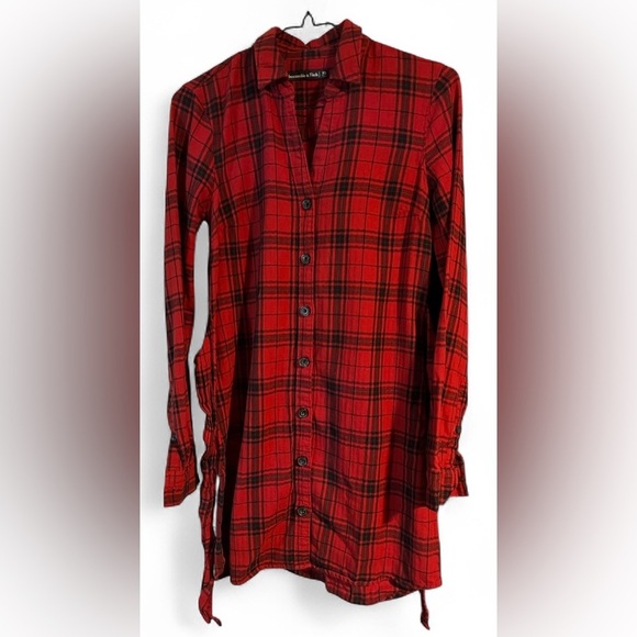 Abercrombie and Fitch Red Plaid Tie Long Shirt XS - Picture 3 of 8